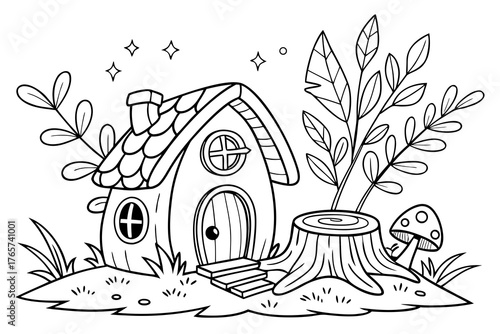 An enchanted forest clearing with a detailed fairy house on a tree stump, surrounded by glowing mushrooms, magical vines, and sparkling leaves, line art, coloring page, clean black outline, white back