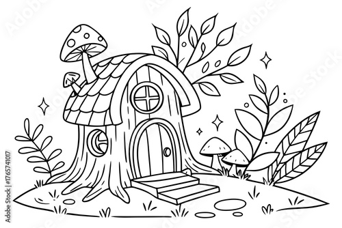 An enchanted forest clearing with a detailed fairy house on a tree stump, surrounded by glowing mushrooms, magical vines, and sparkling leaves, line art, coloring page, clean black outline, white back