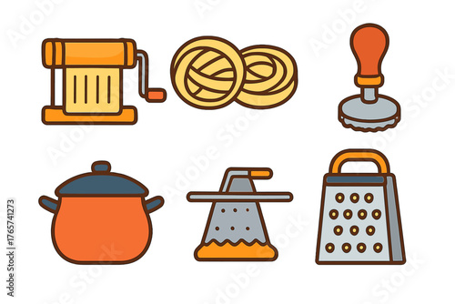 Set of essential tools and food items for preparing fresh Italian pasta and ravioli