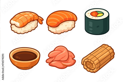 Japanese sushi set with nigiri, maki roll, soy sauce, and pickled ginger side dishes