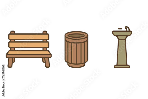 Wooden park bench, trash receptacle, and drinking fountain set for public spaces