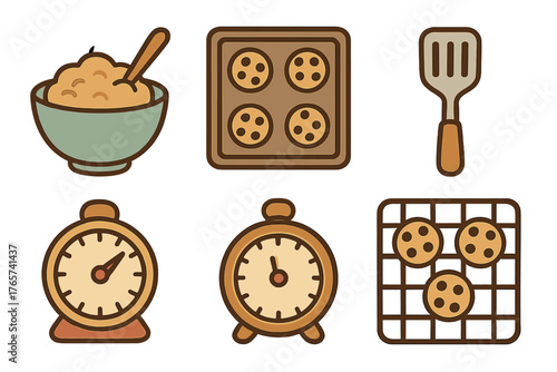 Kitchen tools and ingredients for baking cookies including dough, timers, and spatula