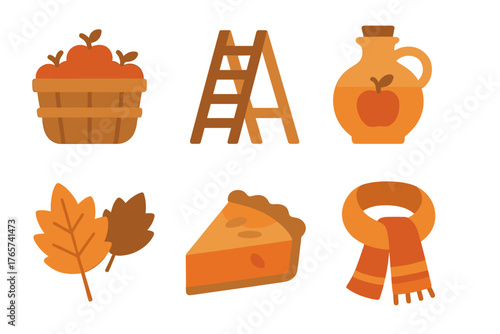 Cozy autumn harvest icons featuring apples, pumpkin pie, ladder, and warm scarf