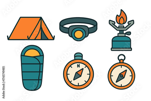 Essential camping and hiking equipment icons including tent, sleeping bag, headlamp, stove, and compass