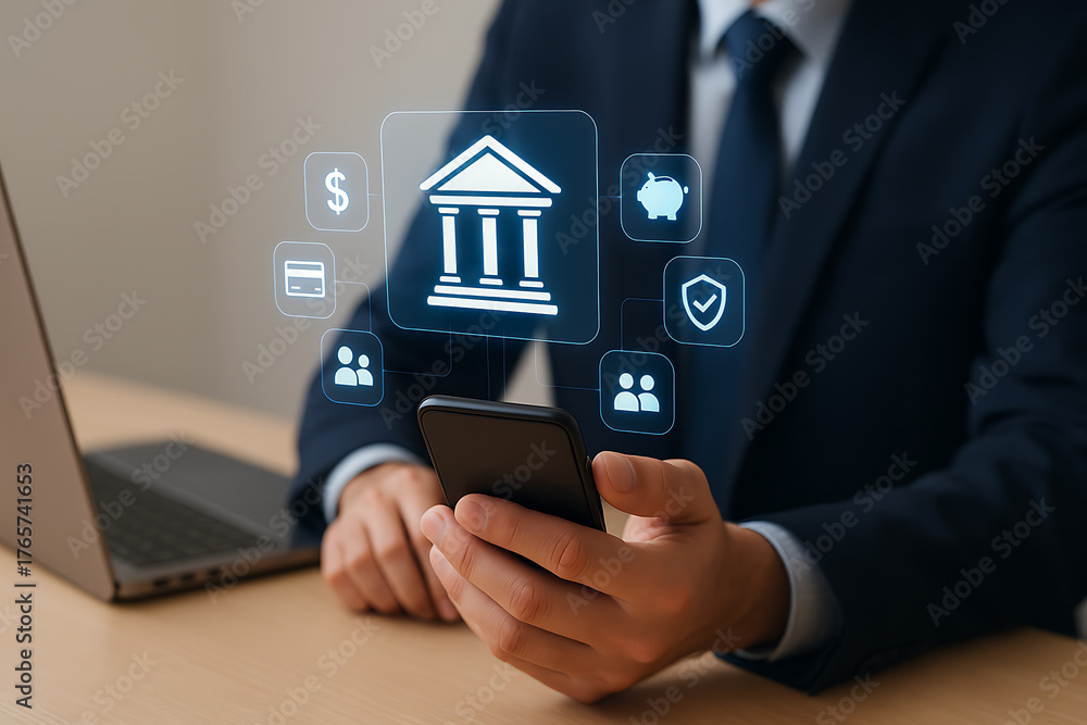 Naklejka premium Digital banking concept with businessman using smartphone displaying financial app icons for money and secure transactions