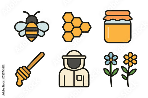 Set of colorful icons representing beekeeping, honey production, and apiculture elements