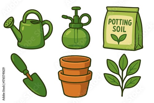 Essential gardening equipment set with watering can, hand trowel, flower pots, and potting soil