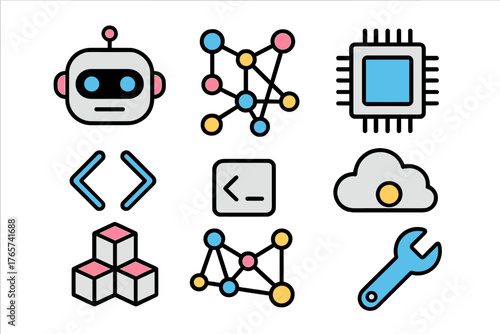 Set of modern technology, artificial intelligence, and software development symbols for digital projects