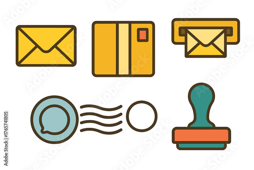 Set of colorful flat design icons for mail delivery, logistics, and correspondence