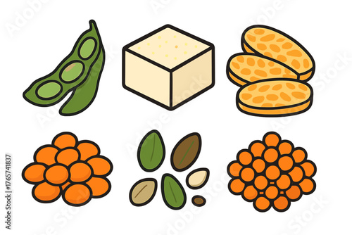 Assortment of plant-based protein sources: soybeans, tofu, tempeh, lentils, and seeds on white background