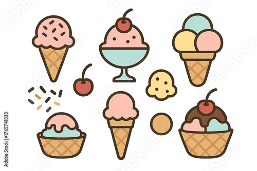 Colorful set of various ice cream desserts in cones, bowls, and cups with cherries and sprinkles