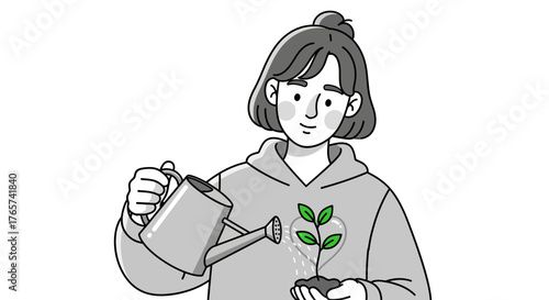 A person watering a small plant growing from soil with a watering can, symbolizing growth