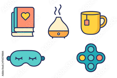 Self-care and relaxation items set including books, aromatherapy, tea, sleeping mask, and fidget toy