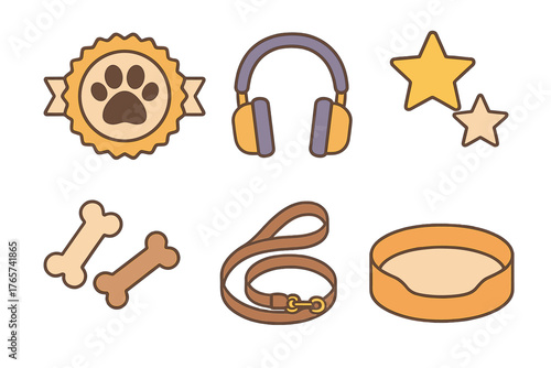 Pet care accessories and symbols including dog bones, leash, bed, paw print, headphones, and rating stars