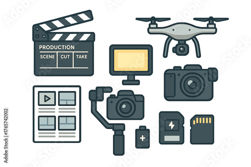 Professional cinematography and video production equipment set including drone, camera, and monitor
