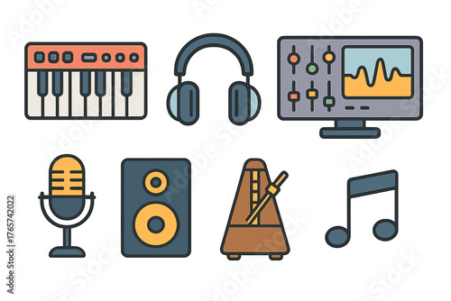 Collection of essential music production and audio recording equipment icons set for sound engineering and mixing projects