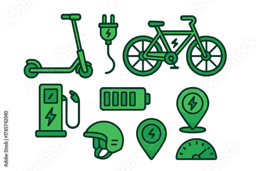 Electric mobility and sustainable transportation symbols including scooter bicycle charger battery and helmet