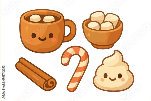 Kawaii style winter dessert and beverage set with hot chocolate, marshmallows, and candy cane