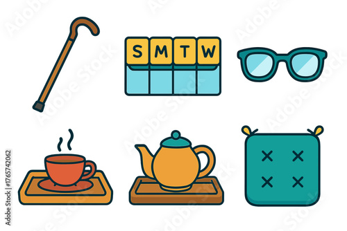 Essential items for senior daily living: walking cane, pill organizer, and hot beverage