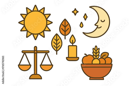 Autumnal harvest symbols set featuring sun, moon, leaves, candle, scales, and fruit bowl