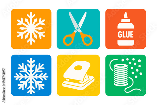 Set of brightly colored square icons for crafting supplies and winter snowflakes