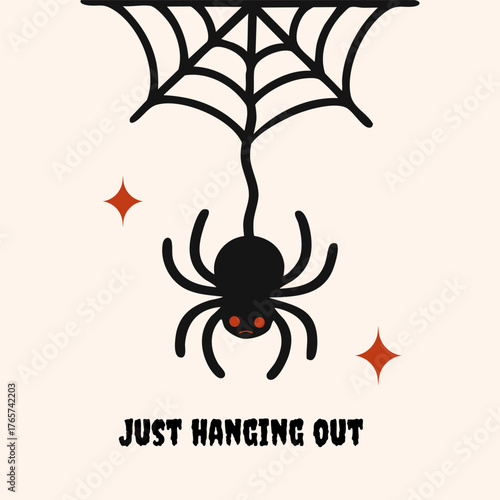 Minimalist vector greeting card with a cute black spider, web, orange stars, and "Just Hanging Out" text. Perfect for Halloween, party invitations, postcards, decor, stickers, and kids’ designs.​