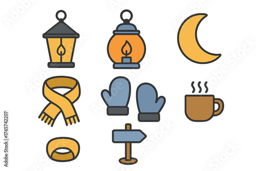Cozy winter and outdoor elements including lanterns, scarf, mittens, hot drink, and moon