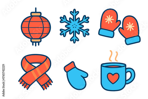Cozy winter essentials set featuring a lantern, snowflake, warm scarf, mittens, and hot beverage mug