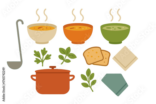Steaming soup bowls, cooking utensils, fresh herbs, and sliced bread arranged for a warm dinner