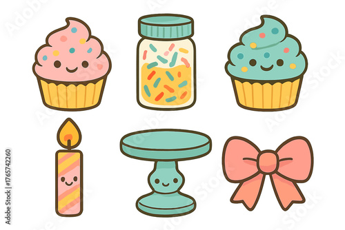 Adorable kawaii dessert and celebration items including cupcakes, sprinkles, candle, and bow