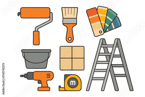 Essential DIY and home renovation tools set with paint roller, brush, ladder, and drill