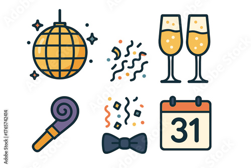 New Year's Eve party elements set including disco ball, champagne, confetti, and calendar date 31