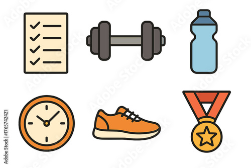 Flat design symbols of gym equipment, training goals, achievement, and time tracking