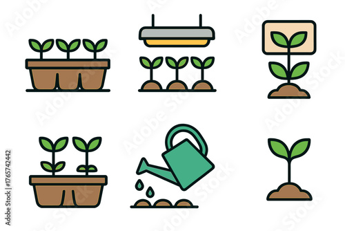 Colorful set of symbols showing plant growth stages, seed starting, and essential gardening tools