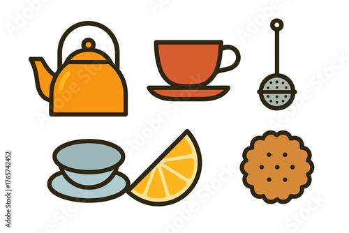 Colorful set of essential items for tea time including teapot teacups lemon and cookie