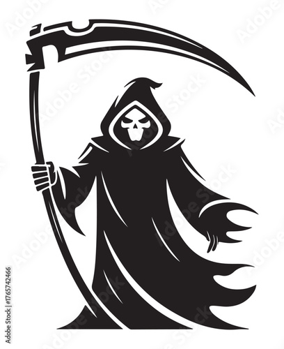 Grim reaper vector illustration hooded skeleton with scythe isolated on white background for Halloween designs