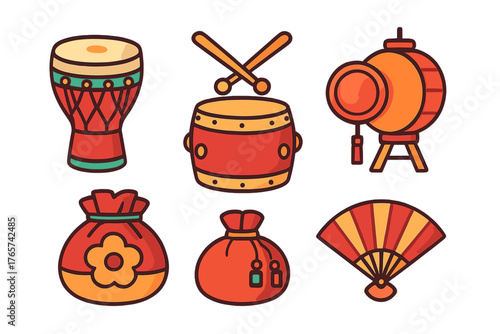 Traditional Asian celebration items set featuring drums, lantern, lucky bags, and folding fan
