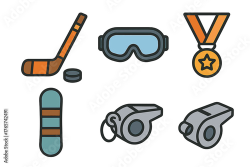 Winter sports equipment and referee accessories set including hockey, snowboard, goggles, whistle, and gold medal