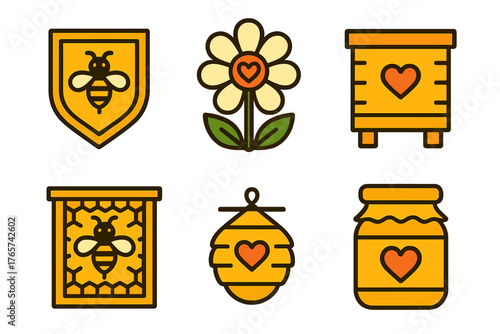 Colorful symbols of bee, beehive, honeycomb, flower, and honey jar