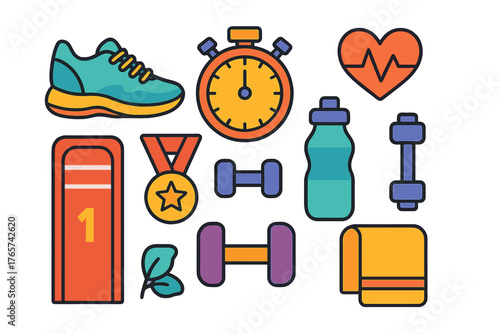 Colorful fitness and workout equipment set featuring running shoes stopwatch dumbbells and medal