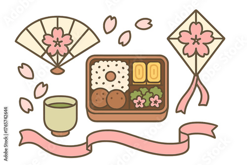 Traditional Japanese bento box lunch set with fan, kite, green tea, and cherry blossom petals for Hanami picnic