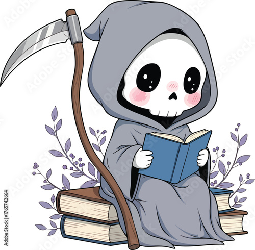 Cute cartoon grim reaper reading a book kawaii illustration