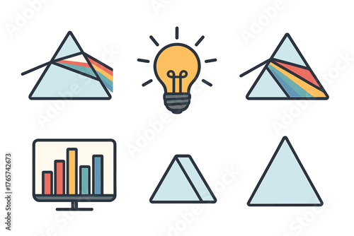 Light dispersion prism, glowing idea bulb, and data analysis chart symbols representing science and business concepts