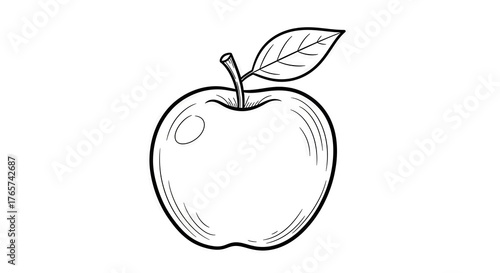 Elegant minimalist apple sketch with leaf illustration in black outline design style