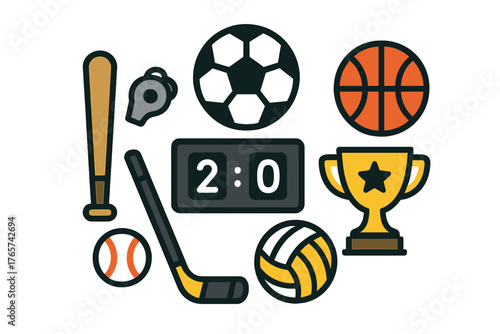 Set of sports equipment and game icons including balls, trophy, bat, and scoreboard elements