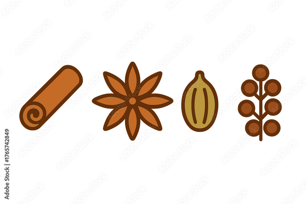 Fototapeta premium Essential aromatic spices set featuring cinnamon, star anise, cardamom, and berries