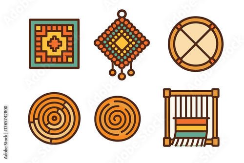 Traditional textile weaving craft symbols and handmade decorative items