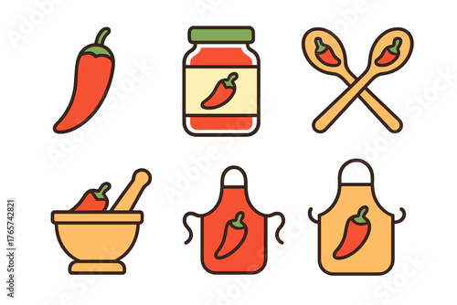 Chili pepper and cooking symbols set featuring hot sauce jar, wooden spoons, and aprons