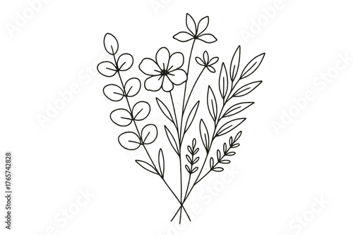 Minimalist line art bouquet of delicate wildflowers and eucalyptus branches tied together