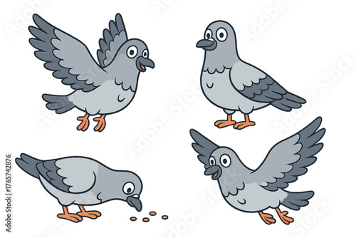 Cute cartoon pigeons set in different poses flying standing and feeding isolated on white